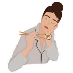 Vector illustration girl in a white shirt eats sushi roll, holding Chinese chopsticks with sushi in her hands. Cartoon character in flat minimalism style.  Print for t-shirts, poster, postcard, menu.