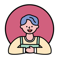 Boy in red circle with thin line border. Young man look straight and smile. Happy person posing alone, male portrait in round icon. Simple closeup drawing. Vector illustration in minimalism