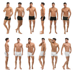 Collage of man in underwear on white background