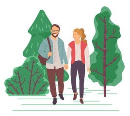 Couple on date, spend leisure time together in park. Man and woman hold each other hands and walking through forest. Beautiful summer landscape with green trees. Vector illustration in flat style