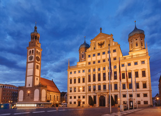Naklejka premium Perlach Tower and Town Hall at Rathausplatz Augsburg Swabia Bavaria Germany
