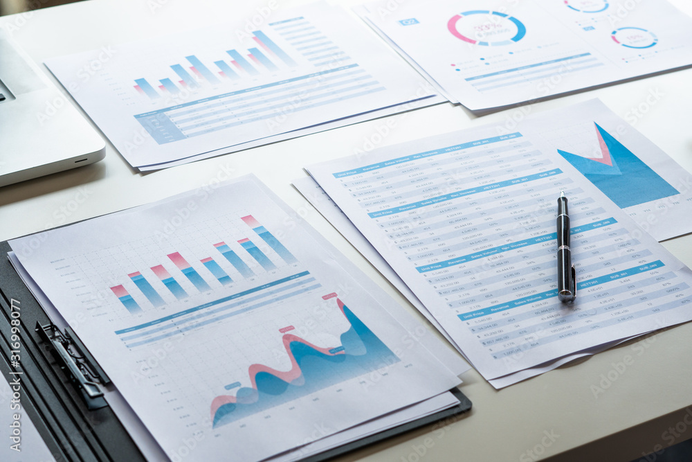 Poster businessman working calculate data document graph chart report marketing research development planni