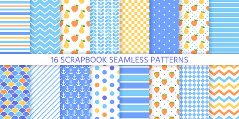 Scrapbook background, seamless pattern. Vector. Cute paper for scrap design. Chic print with polka dot, stripe, zigzag, fruits, check, fish scale. Trendy texture. Color illustration Geometric backdrop