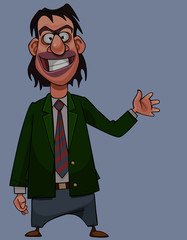 cartoon smiling man in suit joyfully waves his hand