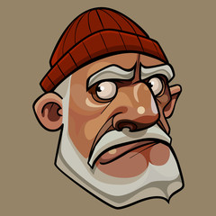 head of cartoon serious gray haired man in a knitted hat