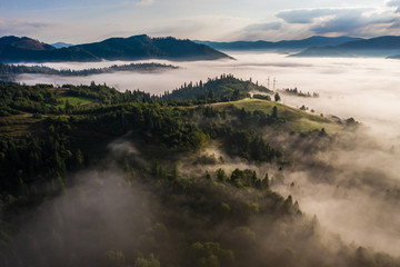 Aerial view of colorful mixed forest shrouded in morning fog on a beautiful autumn day