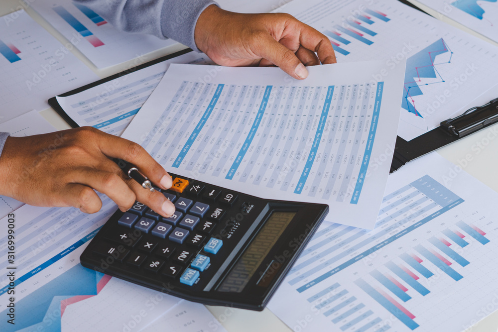 Poster businessman working calculate data document graph chart report marketing research development planni