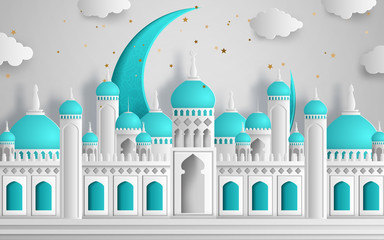 Islamic beautiful design template. Mosque with moon and stars on white background in paper cut style. Vector illustration