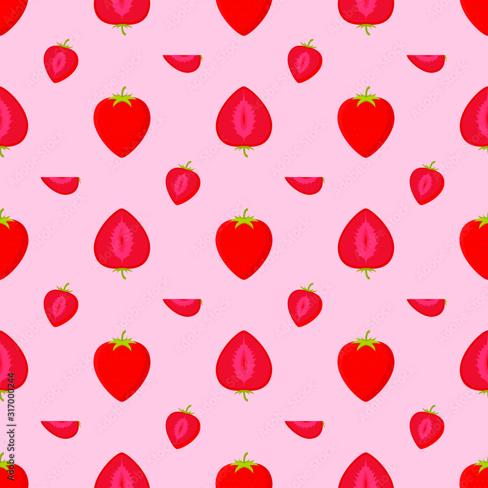 Poster red strawberry seamless pattern pink background. slice of strawberry seamless pattern