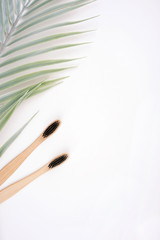 Two bamboo toothbrushes with palm leaf decoration on white background. Spa, healthcare, zero waste, treatment concept. Top view, flat lay, copy space