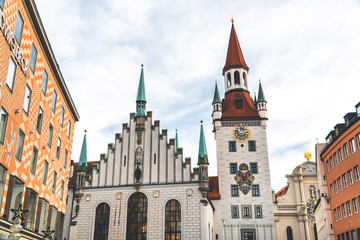 Fototapeta premium Old Town Hall, Munich on theeast side of central square Marienplatz. Wide shot. Redesigned in late gothic style by Jörg von Halsbach.