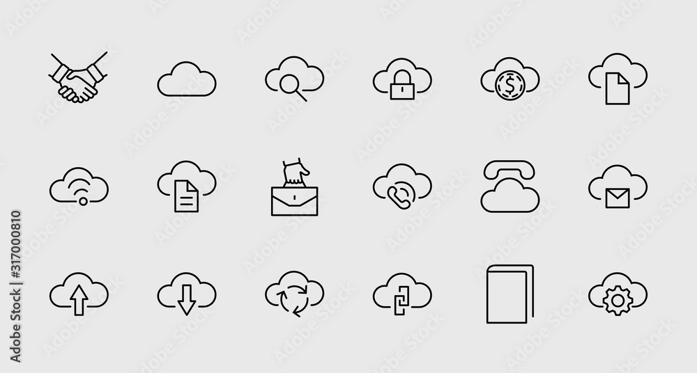 Poster set of cloud vector line icon. it contains symbols to upload, download, link and more. editable stro