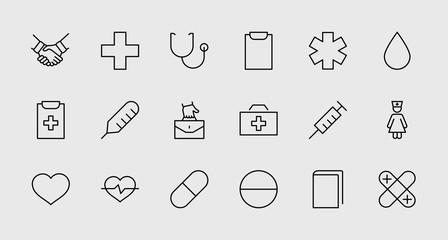 Set of Medicine vector line icons. It contains the first aid kit, nurse, syringe, thermometer, plastic, pills, heart, drop of blood, palpitation and much more. Editable Stroke. 32x32 pixels.