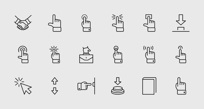 Click Set of Buttons related Vector Icons. Contains such Icons as Cursor, Mouse, Hand, Index Finger, Arrow and more. Editable Stroke. 32x32 Pixel Perfect