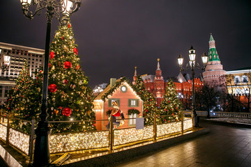 Moscow, Russia. Christmas decorations, houses on the background of the Moscow Kremlin .and historical museum - 317001225