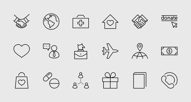 International Day for the Poor Vector Line Icons Set. Contains such Icons as Heart, planet Earth, Handshake, money, Donate, Medicines, Plane and more. Editable Stroke. 32x32 Pixel Perfect