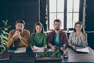 Portrait of four nice attractive professional skilled busy people recruiters meeting job seeker...