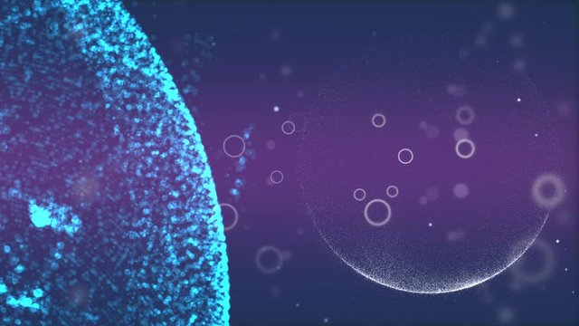 Big illuminating planet formed of neon blue particles rotating, while its satellite from tiny space dust appears on some distance.