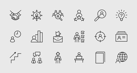 Set of Head Hunting Related Vector Line Icons. Contains such Icons as Career growth, Bulb, Candidate, Search, CV, Card Index, Outsource and more. Editable Stroke. 32x32 Pixel Perfect