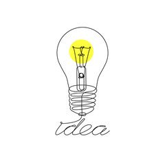 Light bulb icon with the concept of an idea. Linear symbol drawn by one continuous .line. Vector illustration of business, learning, science, brainstorming or thinking.