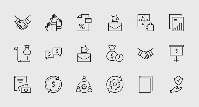 Set of Business Cooperation Vector Line Icons. Contains such Icons as Puzzle, Partnership, Money, Handshake, Dollars, Team, Synergy, Work, Interaction and more.Editable Stroke. 32x32 Pixel Perfect.