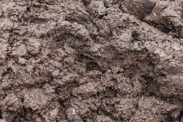 The texture of the black earth. Dirt on the street. Off-road from a mixture of clay and water. Traces of heavy equipment.