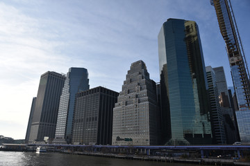 Fototapeta na wymiar Manhattan (financial district) skyscrapers, New York, view on a sunny, blue day. 