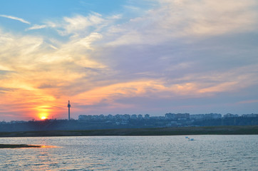 Fototapeta premium Sunset On Galati City And Danube