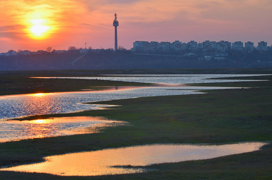 Sunset On Galati City And Danube