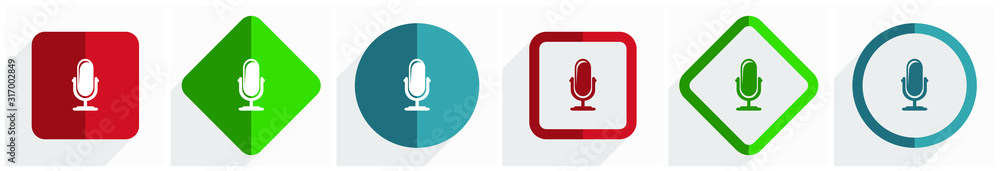 Poster microphone icon set, flat design vector illustration in 6 options for webdesign and mobile applicati