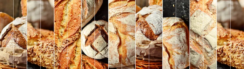 Zelfklevend Fotobehang Assortiment bakkerijproducten. Tarwe, boekweit, gistvrij brood. Heerlijk, krokant en mooi brood. Voedsel collage. © Anastasiia K.