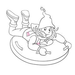 Cute little girl rides on a snow tube down the mountain. Black and white picture with a pink accent. In cartoon style. Isolated on white background. Vector illustration for coloring.