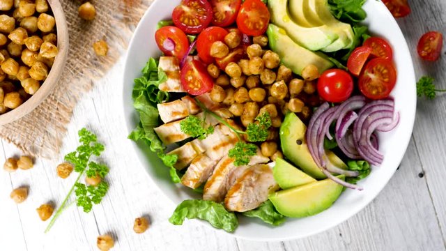 buddha bowl, vegetarian mixed salad with grilled chicken fillet, avocado and tomato