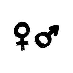 Gender signs of ink brushstrokes. Vector grunge symbol of Venus and Mars. Dirty textures of male and female icons. © Sini4ka