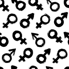 Signs of gender seamless pattern of brushstrokes. Vector monochrome grunge texture from the symbols of Venus and Mars. © Sini4ka
