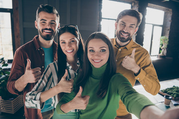 Teambuilding coaching seminar. Four people men women enjoy achieving work corporate climate aim...
