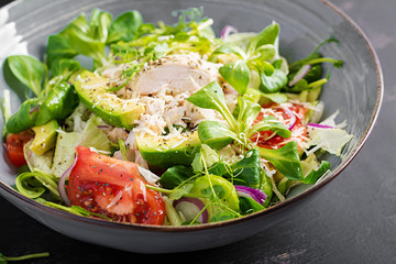 Fresh salad with chicken breast, corn salad, cucumber, avocado and tomato. Chicken salad. Italian cuisine. Healthy food concept.