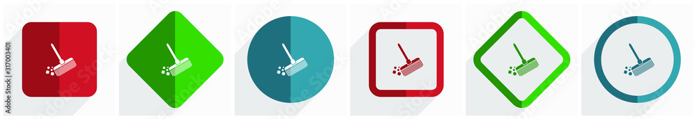 Poster Broom icon set, flat design vector illustration in 6 options for webdesign and mobile applications in eps 10