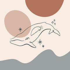 Terracotta Beige Blush Mid-Century Line Art Whale Poster Vector