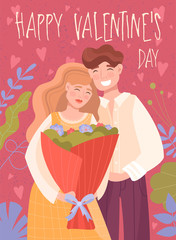 Romantic Valentines Day card design with a loving smiling couple in a close embrace with the woman holding a large bunch of flowers below the text, vector illustration