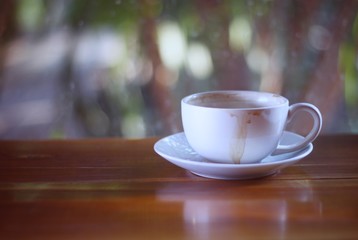 cup of coffee on wooden table