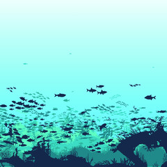 Fototapeta premium Silhouette of fish and algae on a reef background. Underwater scene of the ocean. Deep blue water, coral reef and underwater plants. beautiful underwater scene; vector landscape with a reef.