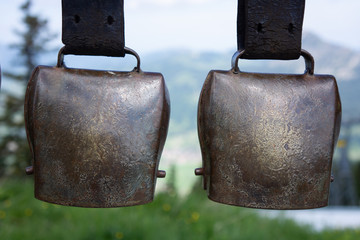 two large brass-colored cowbells were hung up. In the background you can see a mountain landscape