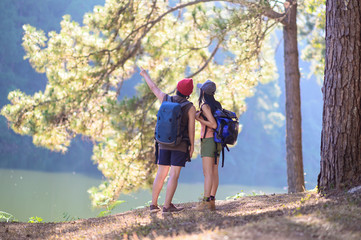 couple lover in motion of sweet time together during on travel camping of honeymoon in the jungle...
