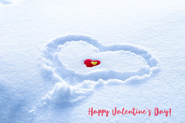 Sunny fresh snow texture with drawn heart symbol.