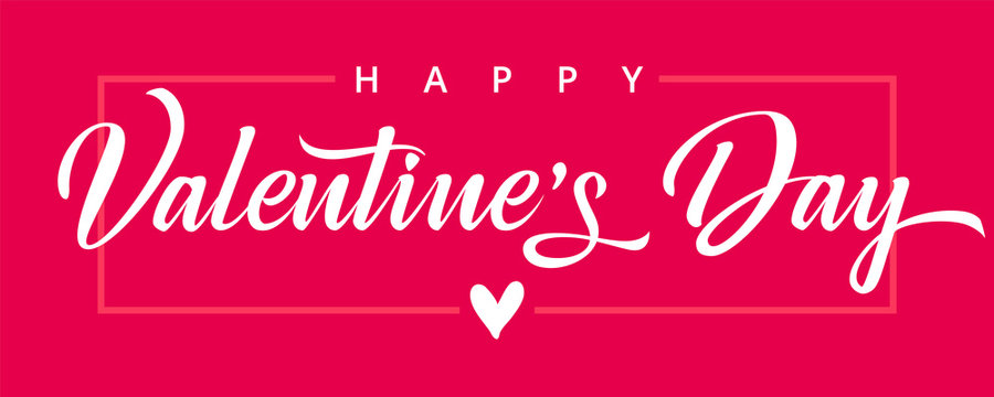 Valentine Day Pink Background With Heart In Frame And Elegant Typography Happy Valentine`s Day Text . Vector Illustration For Wallpaper, Flyers, Invitation, Posters, Brochure, Banners