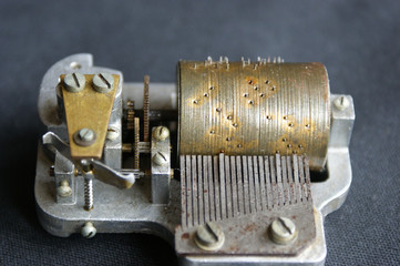 retro music box mechanism. musical drum of the old vintage casket