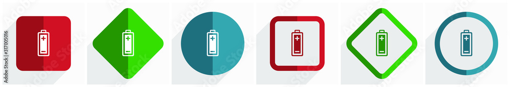 Poster battery icon set, flat design vector illustration in 6 options for webdesign and mobile applications