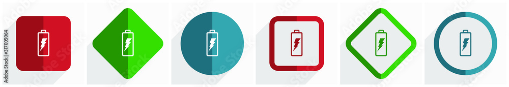 Leinwandbilder Battery icon set, flat design vector illustration in 6 options for webdesign and mobile applications in eps 10