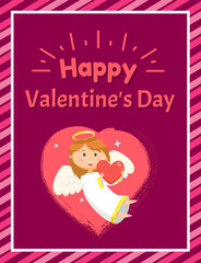 Happy Valentine day greeting papercard decorated by flying angel with wings and nimbus on purple, portrait view of girl in white dress holding heart vector